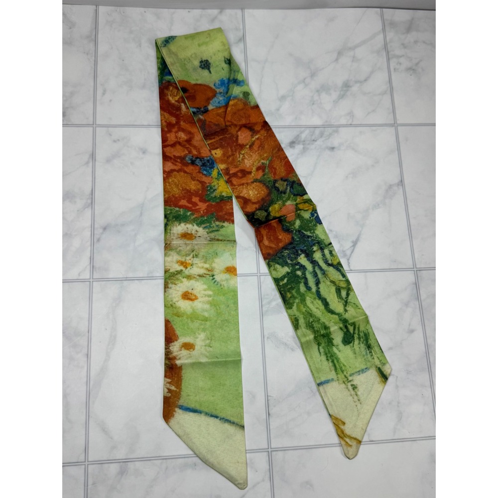 Impressionist Floral Skinny Scarf Green Orange Blue Garden Purse Tie New